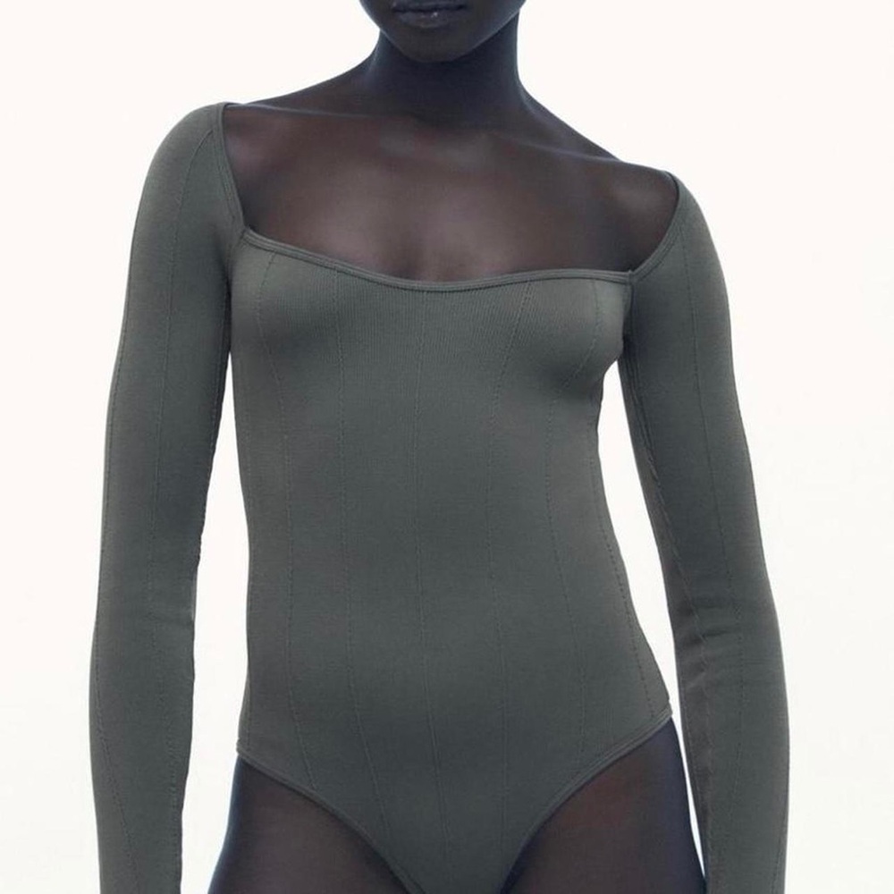 Zara Square Neck Long Sleeve Gray Ribbed Bodysuit